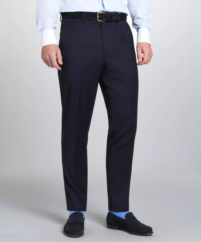 Navy Unfinished Tailored Fit Plain Merino Wool Flat Front Trouser