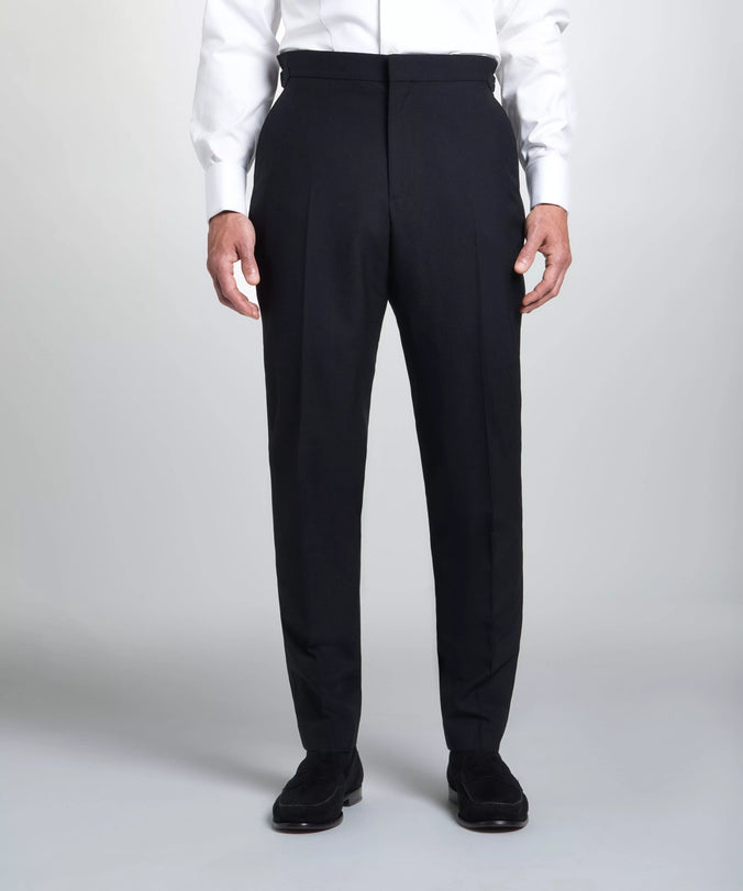 Black Tailored Fit Merino Wool Flat Front Evening Trousers