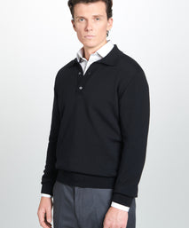Black Merino Wool Long Sleeve Polo Shirt