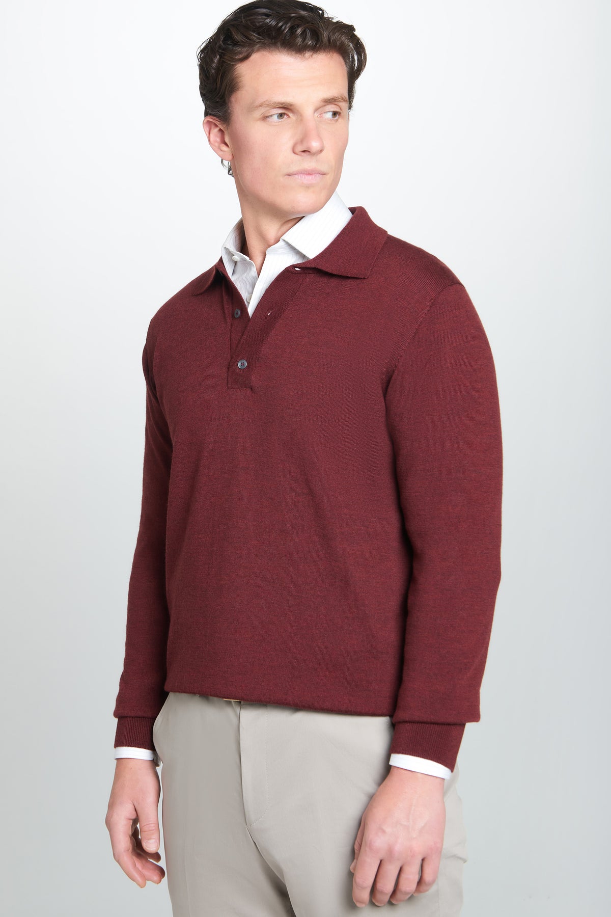 Burgundy Merino Wool Long Sleeve Polo Shirt