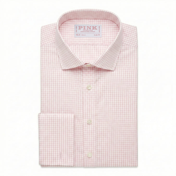 Pale Pink & White Slim Fit Double Cuff Essential Gingham Formal Shirt