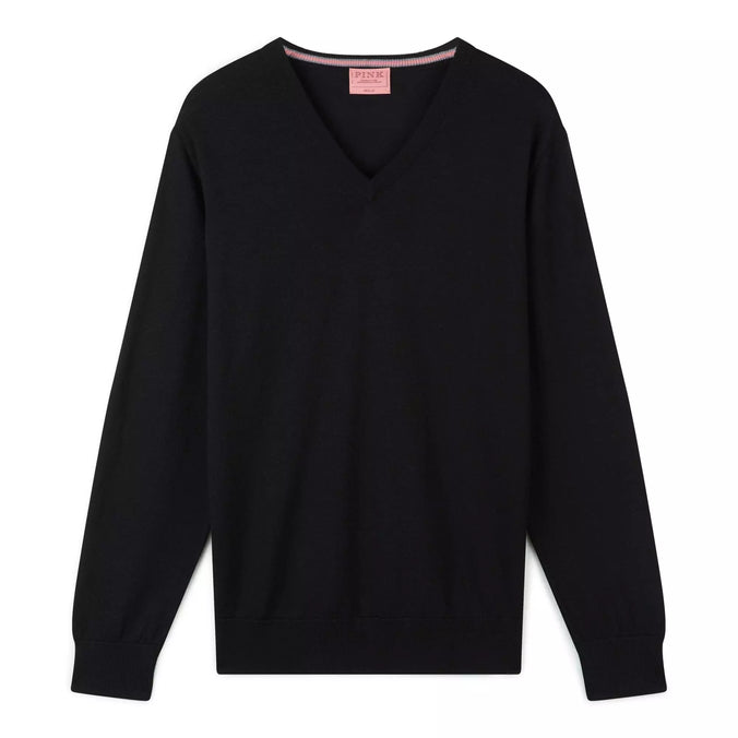 Black Merino Wool V-Neck Sweater