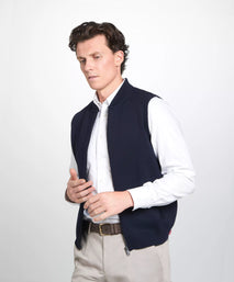 Navy Blue Knitted Merino Wool Zipper Gilet